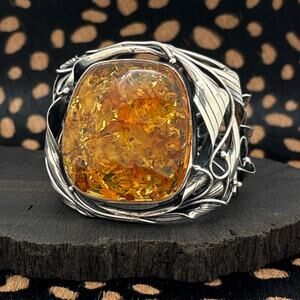 AMBERMAN Cognac Baltic Amber & Sterling Silver Art Nouveau Style Hinged Bracelet
